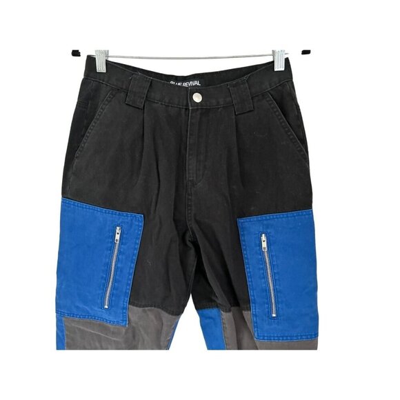 BLUE REVIVAL Cargo Jeans Color-block Blue Black Zippers Size 28 - Picture 2 of 9